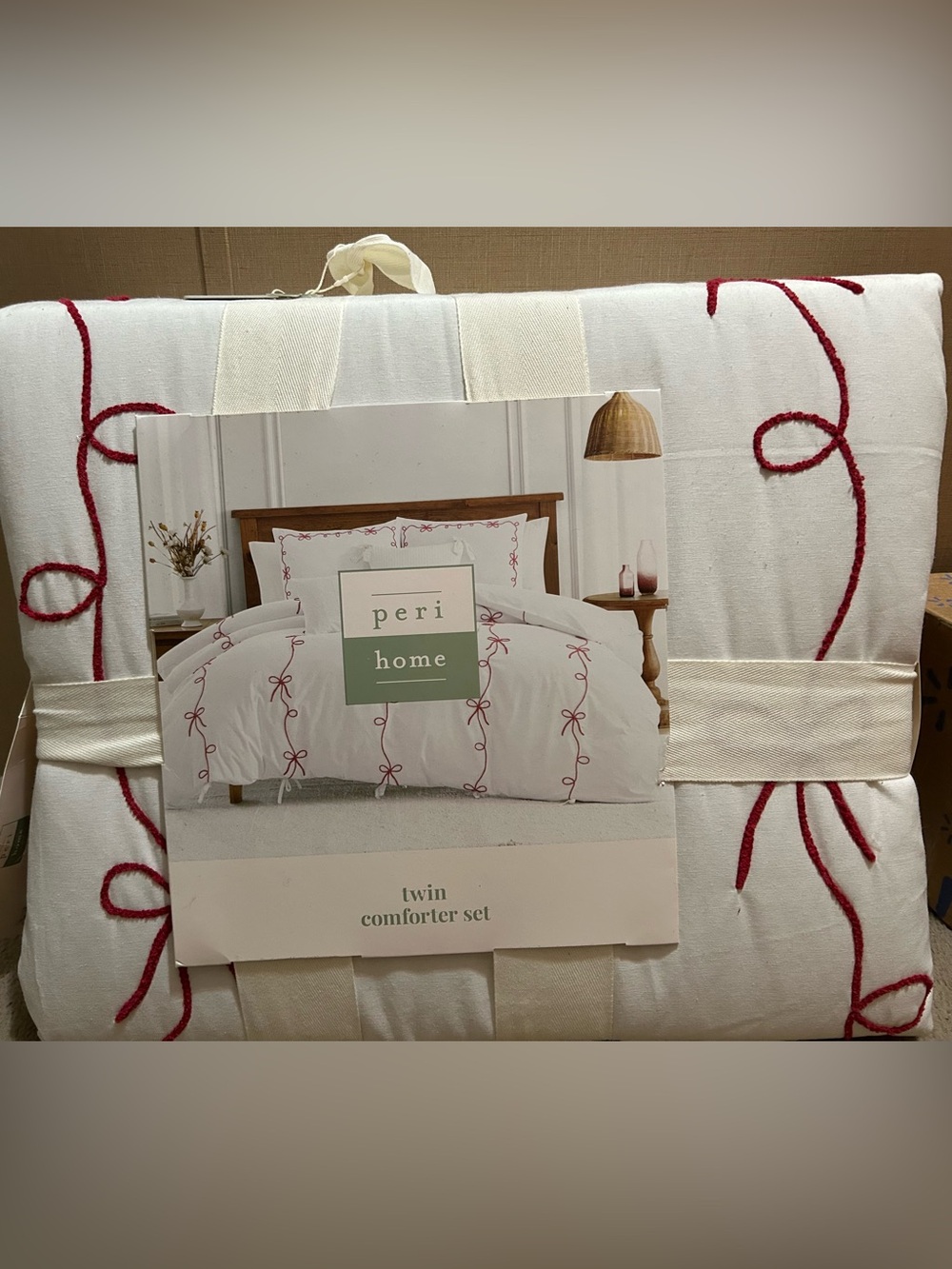 White Twin Comforter Set with Red Ribbon Stitching